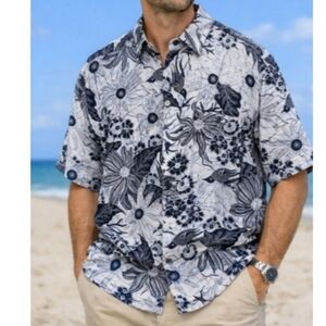 Summa Silk Men's 100% silk Black and White Floral Casual Button Down Shirt